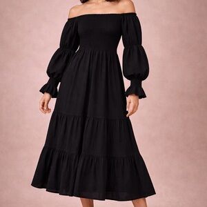 Nothing Fits But Black Smocked Off-Shoulder Midi Dress (Size S) – NWT